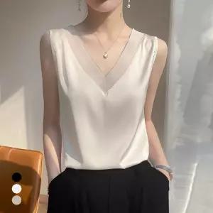 화세 실키브이넥나시블라우스_HL6MBL002C