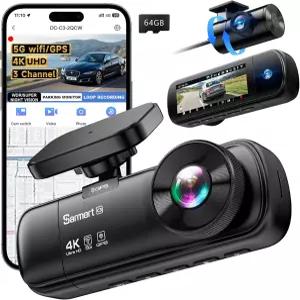 SARMERT 4K 3채널 대시캠 전면 및 후면 C3 무료 64GB 카드 4K+1080P+1080P G-센서 WDR APP 5G WiFi 야간