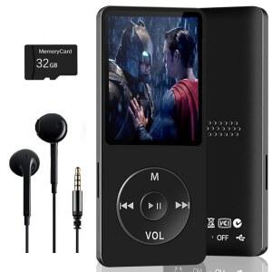 eAj 32GB 블루투스 MP3 플레이어, 디지털 음악 플레이어 실행, HiFi 사운드, HD 스피커, FM 라디오, 전자책, 비디오, 음성 녹음기, 미니 디자인, 1.8인치 컬러 디스플레이, 최대 128GB 카드-이어폰 지원