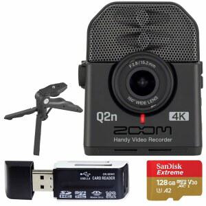 eAj Zoom Q2n-4K 초고화질 핸디 비디오 레코더 + 128GB 메모리 카드(SD 어댑터 포함) + USB 카드 리더 + 테이블 삼각대 핸드 그립