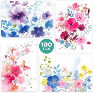 빈 카드 100장과 봉투 3.5 x 5인치 수채화 꽃 인사말 노트 내부 초대장 모든 경우에 사용할 수 있는 대량