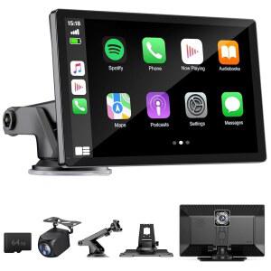eAj 4K 대시캠, 휴대용 카플레이 및 안드로이드 오토, 1080p 백업 카메라 DVR, 음성 제어 / GPS 내비게이션 / 미러 링크 / BT가 탑재된 9인치 무선 카플레이 화면