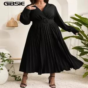 롱 원피스 여름 빅사이즈 GIBSIE 블랙 서플리스 넥 벨티드 플리츠 드레스 여성 2025 가을 겨울 오피스룩 A