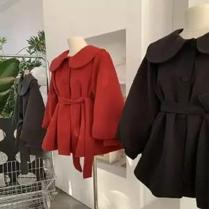 세군다 여성용 모직 코듀로이 싱글 A라인 핀턱 스트링 도톰한 소매 상의 코트 카라넥 DOS1
