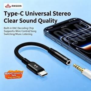 Riksoin USB Type-C - 3.5mm 여성용 헤드폰 잭 어댑터 AUX 오디오 케이블 Hi-Fi 음질 남성-여성