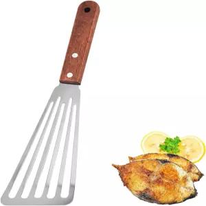 1pcs 나무 손잡이 생선 주걱 스테인리스 스틸 음식 뒤집기용 금속 슬롯 주방 요리용 바비큐 달걀 프라이