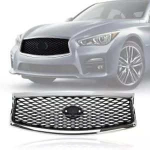 Infiniti Q50 글로스 전면 메쉬 공기 흡입 어셈블리 교체 슈라우드용 커버 상부 범퍼 크롬 그릴 2014-2017