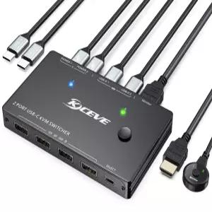 USB C KVM 스위치 4K@60Hz 노트북 2대용 공유 모니터 1개와 주변기기 4개 썬더볼트 3 호환 100W PD 유선
