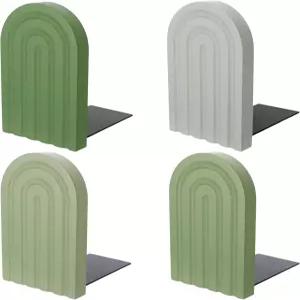 4Pcs 보호 아치 우드 북엔드 세이지 그린 레인보우 나무 책 스탠드와 미끄럼 방지 금속 베이스 책꽂이용