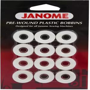 Janome 12 팩 미리 감긴 플라스틱 보빈스 화이트 실 80야드 폴리에스터