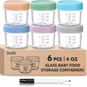 DRKIO 6팩 유리 이유식 보관 용기 4온스 누수 방지 BPA 프리 전자레인지 식기세척기 냉동고 사용 가능 세트