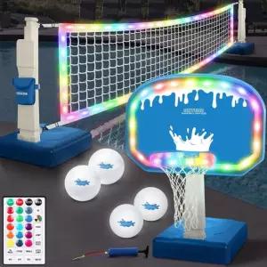 OHYEMO 2-in-1 LED 풀 배구 및 농구 게임 세트, 라이트 업 스포츠 콤보 14인치 림 / 4개의 글로우 볼 2개의 베이스 펌프, 성인 가족을 위한 인그라운드 수영장