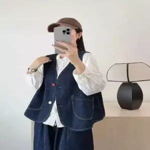 청 캐주얼 빈티지 여사친 민소매 브이넥 싱글 추천각 솔리드 조끼 톱 OOTD1