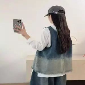 여성 청 빈티지 추천각 조끼 트리밍 라운드 투포켓 민소매 톱 OOTD1