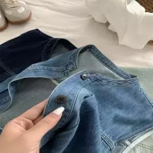 여성 청 면 빈티지 봄 단추 덧장 스몰 카디건 워싱 조끼 추천각 OOTD1