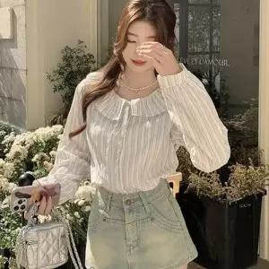스트라이프 패턴 세일러 둥근 카라넥 블라우스 WFFHELY