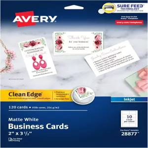 Sure Feed 기술이 적용된 Avery Clean Edge 인쇄 가능 명함 2 x 3.5 흰색 잉크젯 프린터용 빈 카드