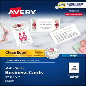 Sure Feed 기술이 적용된 Avery Clean Edge 인쇄 가능 명함 2 x 3.5 흰색 잉크젯 프린터용 빈 카드 1 000장
