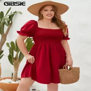 롱 원피스 여름 빅사이즈 GIBSIE 여성 여자 스퀘어넥 셔레드 퍼프 슬리브 드레스 하이웨이스트 스위트 캐주