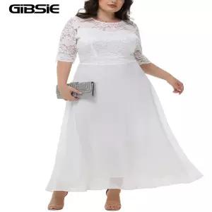 롱 원피스 여름 빅사이즈 GIBSIE 여성 여자 화이트 O-넥 반팔 레이스 쉬폰 하이 웨이스트 신부 들러리 파티