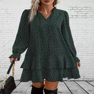 롱 원피스 여름 빅사이즈 1XL-5XL 여성 패션 프린트 드레스 브이넥 v넥 캐주얼 긴 파티 플레어 슬리브 프릴