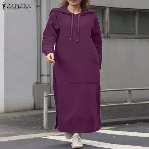 롱 원피스 여름 빅사이즈 ZANZEA 긴 스웨트 셔츠 드레스 여성 가을 솔리드 캐주얼 루즈 드로우 스트링 후드