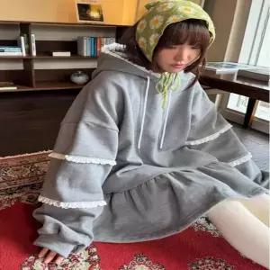 롱 원피스 여름 빅사이즈 여성 여자 양털 안감 후드 패치워크 스웨트셔츠 숏 스커트 루즈핏 드레스 캐주얼