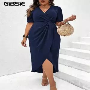롱 원피스 여름 빅사이즈 GIBSIE 여성 여자 숏 하이 웨이스트 캐주얼 드레스 딥 브이넥 랩 밑단 솔리드