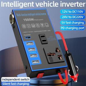 휴대용 범용 자동차 인버터 DC 12V 24V AC 220V 1500W 전원 어댑터 4 USB/PD  충전기