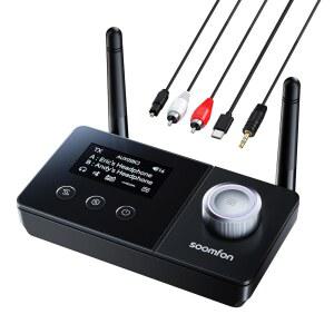 TV 블루투스용 SOOMFON 듀얼 안테나 블루투스 송신기 5.3 수신기 3-in-1 대 2 헤드폰, LCD 디스플레이 볼륨 제어 광학 AUX RCA, 홈 스테레오 스피커용
