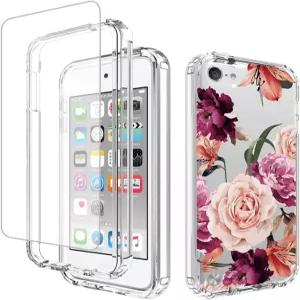 강화 유리 스크린 프로텍터가 있는 iPod Touch 7용 Yerebel 케이스 플로럴 디자인 충격 방지 범퍼 전신