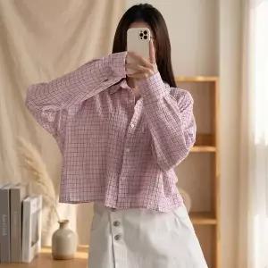 [신세계라이브쇼핑][옷자락] 여성 여름 얇은 체크 면 박스핏 크롭 셔츠