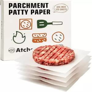 Atchake 6x6 인치 양피지 사각형 320Pcs 논스틱 햄버거 패티 종이 버거 난 토르티야 냉동실 오븐