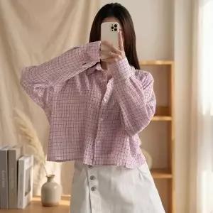 여성 여름 얇은 체크 면 박스핏 크롭 셔츠_25420281_588872