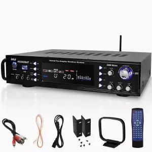 Pyle Bluetooth 홈 스테레오 앰프 - AM/FM 라디오 MP3/USB AUX RCA 노래방 마이크 포함 하이브리드