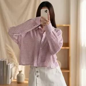 여성 여름 얇은 체크 면 박스핏 크롭 셔츠