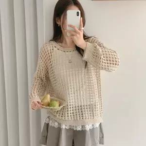 [옷자락]여자 돌돌이 라운드 펀칭 그물 린넨니트 박시핏 티셔츠