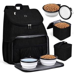BAGLHER Dog Bag, Airline Approved Pet Supplies Backpack, Dog Backpack Accessories Set with 2 Silicone Collapsible Bowls and 2 Food Baskets Black