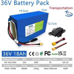 항공 운송 36V 12Ah 18650 리튬 배터리 팩(30A BMS 포함) 전동 스쿠터 LED +42V 충전기에 적합