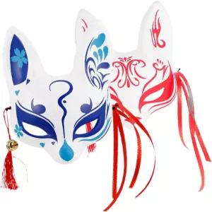 키생젤 2pcs 할로윈 코스프레 파티용 일본식 사쿠라 폭스 하프 마스크 화이트 세트 일본 가부키 페스티벌