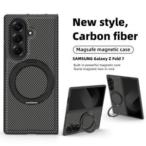 삼성 호환 갤럭시 Z 폴드 7 케이스 하드 PU 카본 파이버 마그네틱 링 스탠드 MagSafe 보호 백 커버 Z 6 5 4