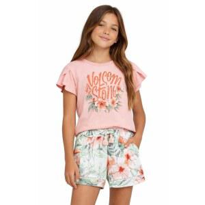Volcom 여아용 반바지 세트 - 2피스 부드러운 면 혼방 반소매 귀여운 그래픽 티셔츠와 주름 여아용, 핑크, 4세