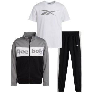 Reebok 남아용 조거 세트 - 3피스 트랙수트 트리콧 집업 재킷 운동용 면 티셔츠 및 스웨트팬츠, 클래식 블랙