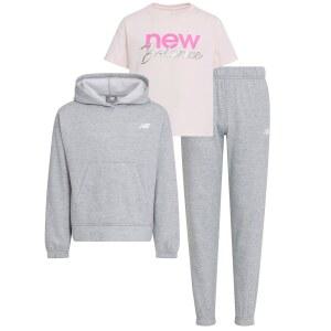 New Balance 여아용 3피스 스웨트수트 - 면 혼방 플리스 액티브웨어 세트 풀오버 크루넥 후드, 티셔츠, 조깅, (4-12), 그레이 헤더
