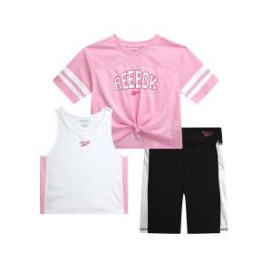 Reebok 여아용 반바지 세트 - 3피스 운동 의상 메시 반소매 셔츠 민소매 탱크 탑 카트휠 바이크 여아용, 라이트/핑크