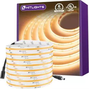 HitLights COB LED 스트립 조명 따뜻한 흰색 2700K 16.4피트 프리미엄 고밀도 24V 테이프 2560개의 350개