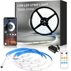 16.4피트 COB LED 스트립 조명 6000K 흰색 조광 DC 24V 유연한 테이프 리모컨 및 앱 제어 DIY 홈