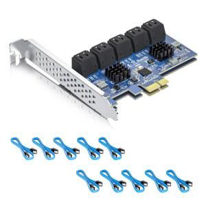 10GTEK 10포트 PCIE SATA 확장 카드 SATA3 6GBPS 컨트롤러 10배 케이블 포함 JMICRON JMB582 칩셋 비RAID HDD SSD 지원 하이트 브래킷 X1 X4 X8 X16 슬롯에 적합