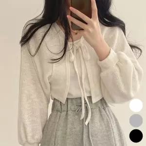 여성 간절기 스트링 볼레로 가디건 크롭 시스루 퍼프 MyH91mzR