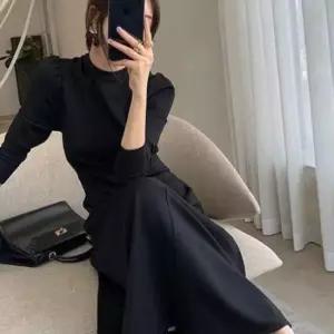 퍼프숄더 모던 블랙 롱원피스 하객룩 오피스 데일리